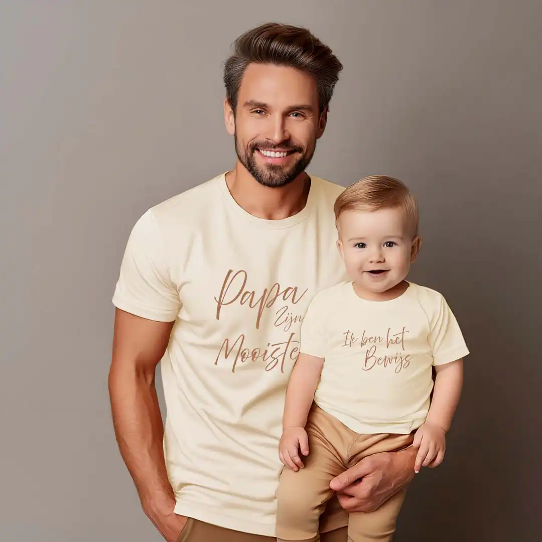 Matching Shirts Vaderdag Kids - Papa - Evenementenkledingnl model papa vaderdag shirt romper beige - Matching Shirts Vaderdag Kids - Papa