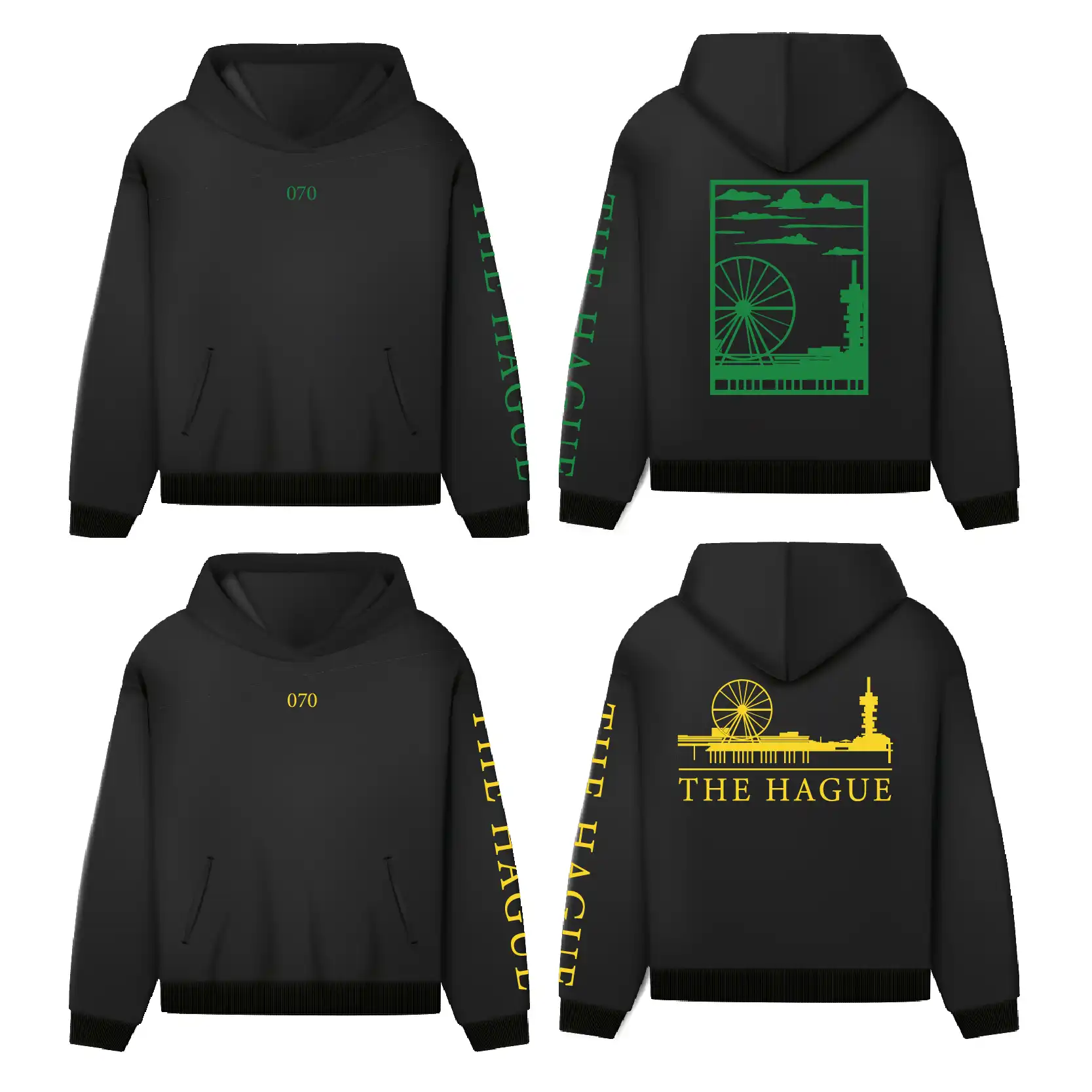 Skyline Den Haag Hoodie - Hoodie zwart denhaag opdruk geel groen 1 - EK8202