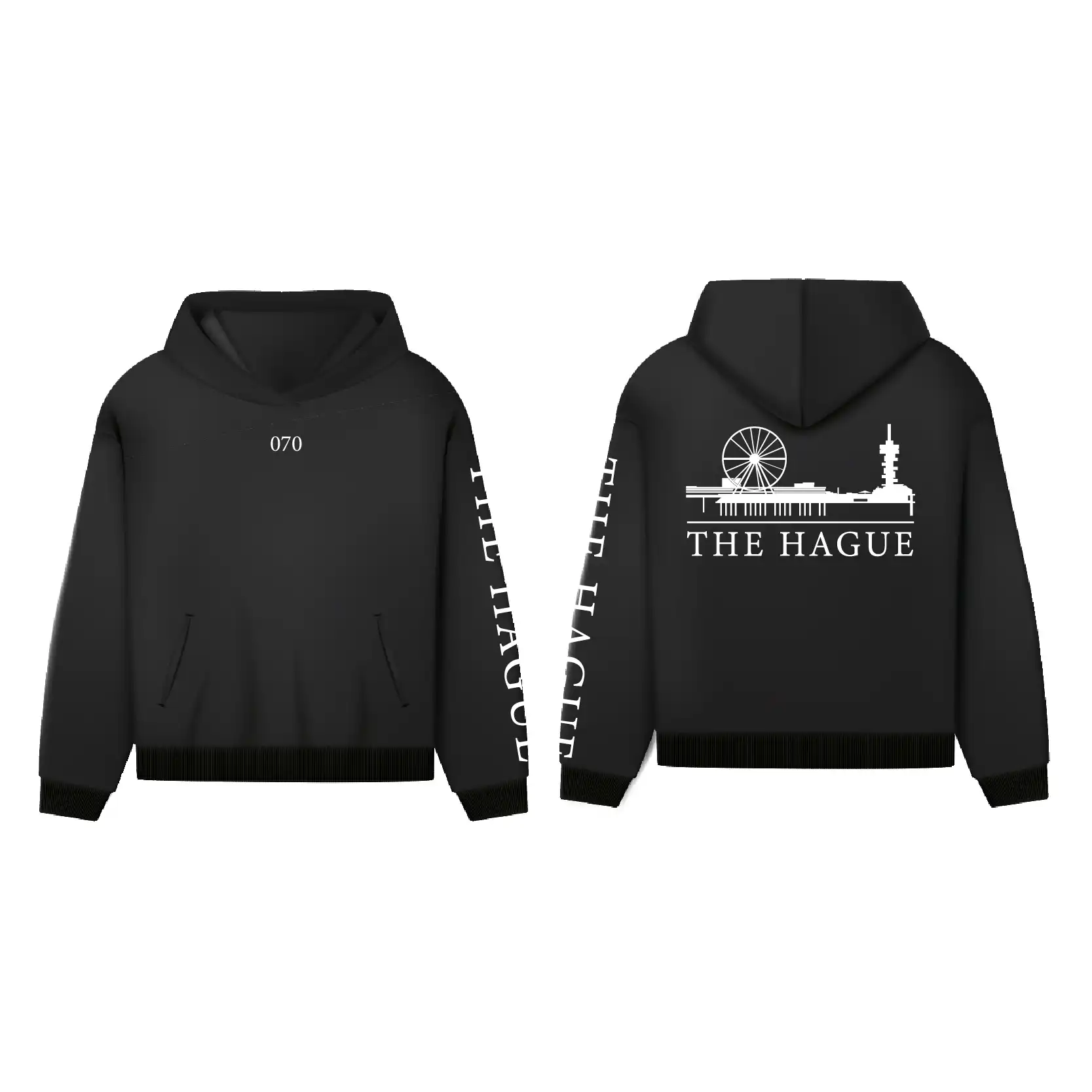 Den Haag Hoodie - Skyline - Hoodie zwart denhaag skyline opdruk wit 3 - EK8208