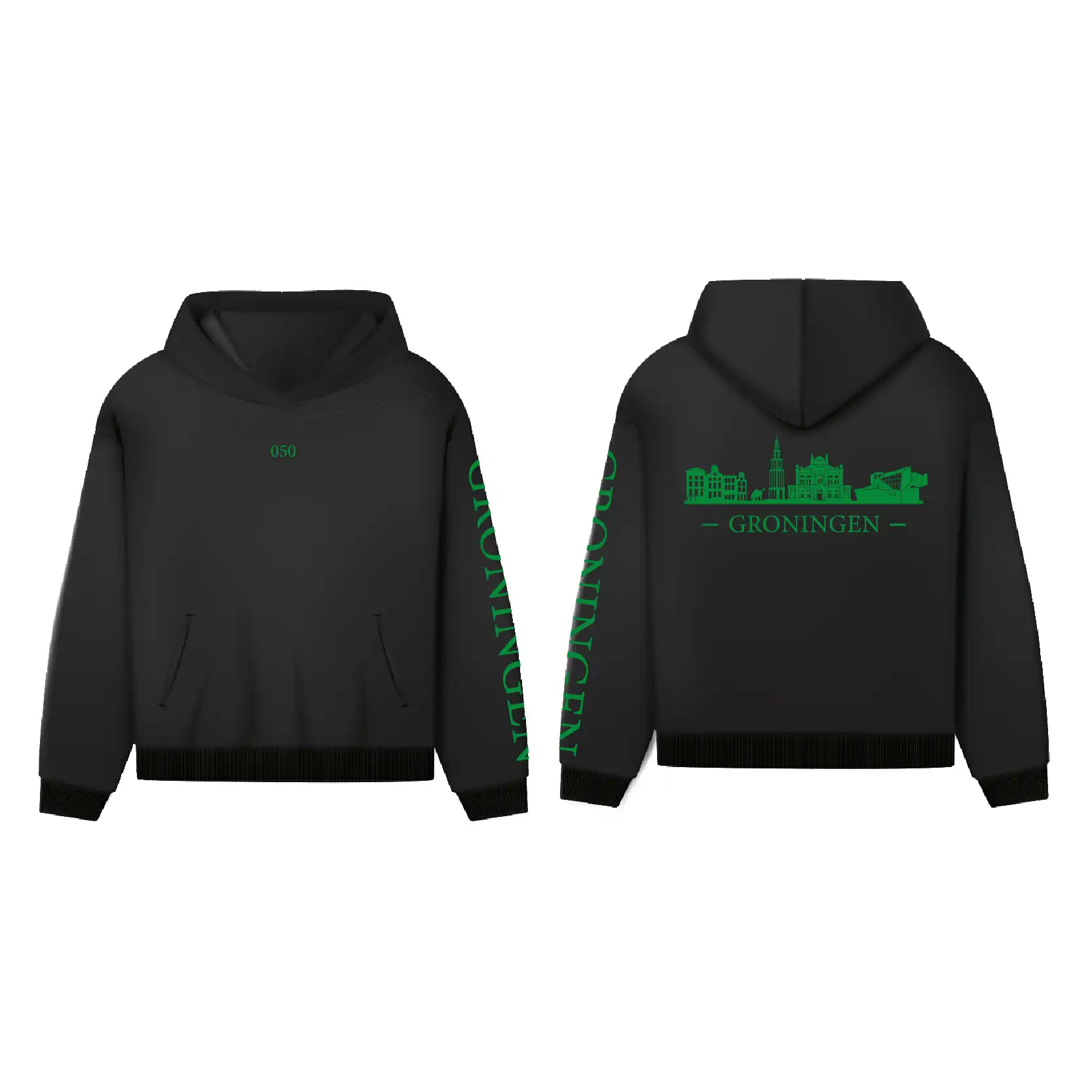 Groningen Skyline Hoodie - Hoodie zwart groningen opdruk groen skyline - Groningen Skyline Hoodie O13201