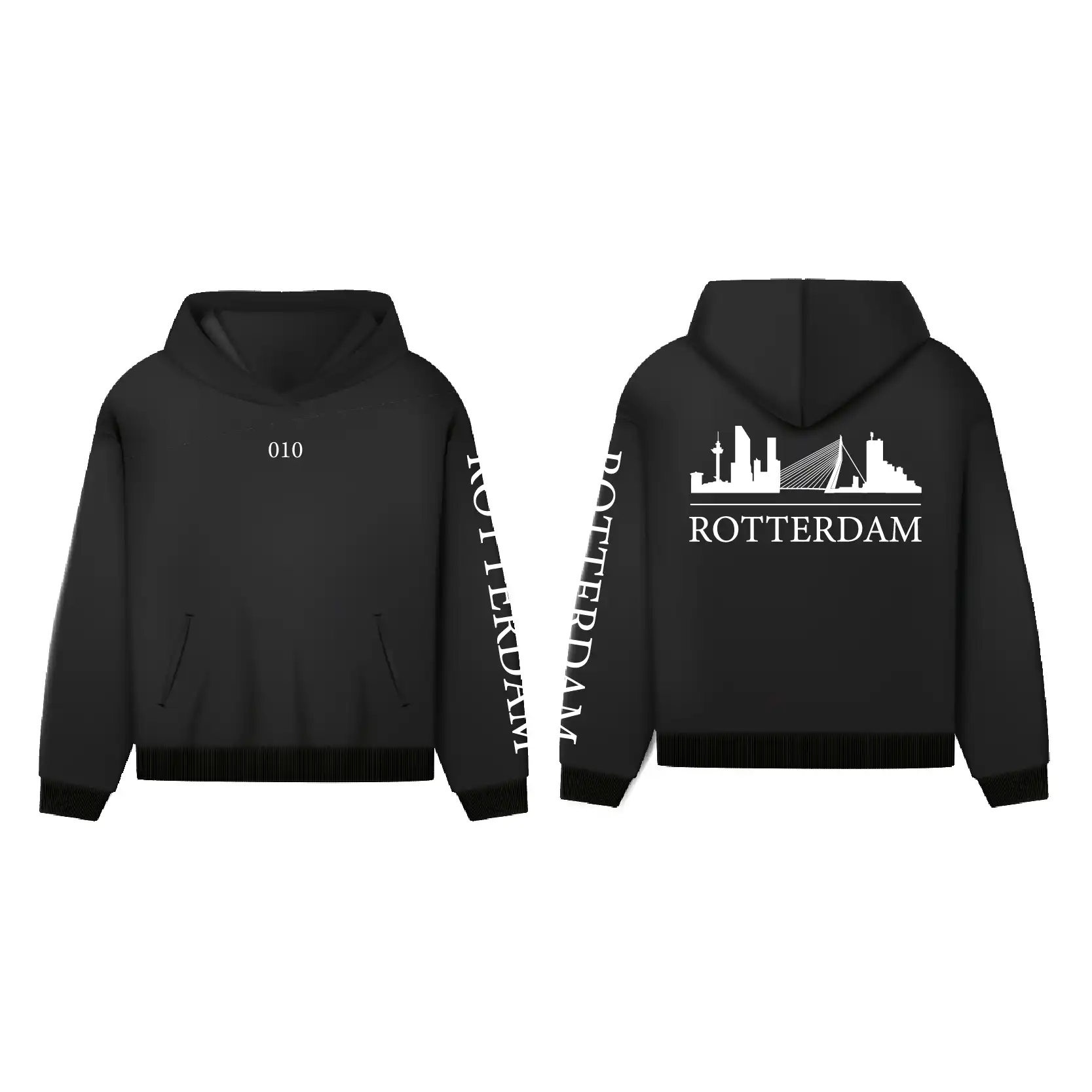 Skyline Rotterdam Hoodie - Hoodie zwart rotterdam opdruk wit skyline 5 - Skyline Rotterdam Hoodie  (21120)