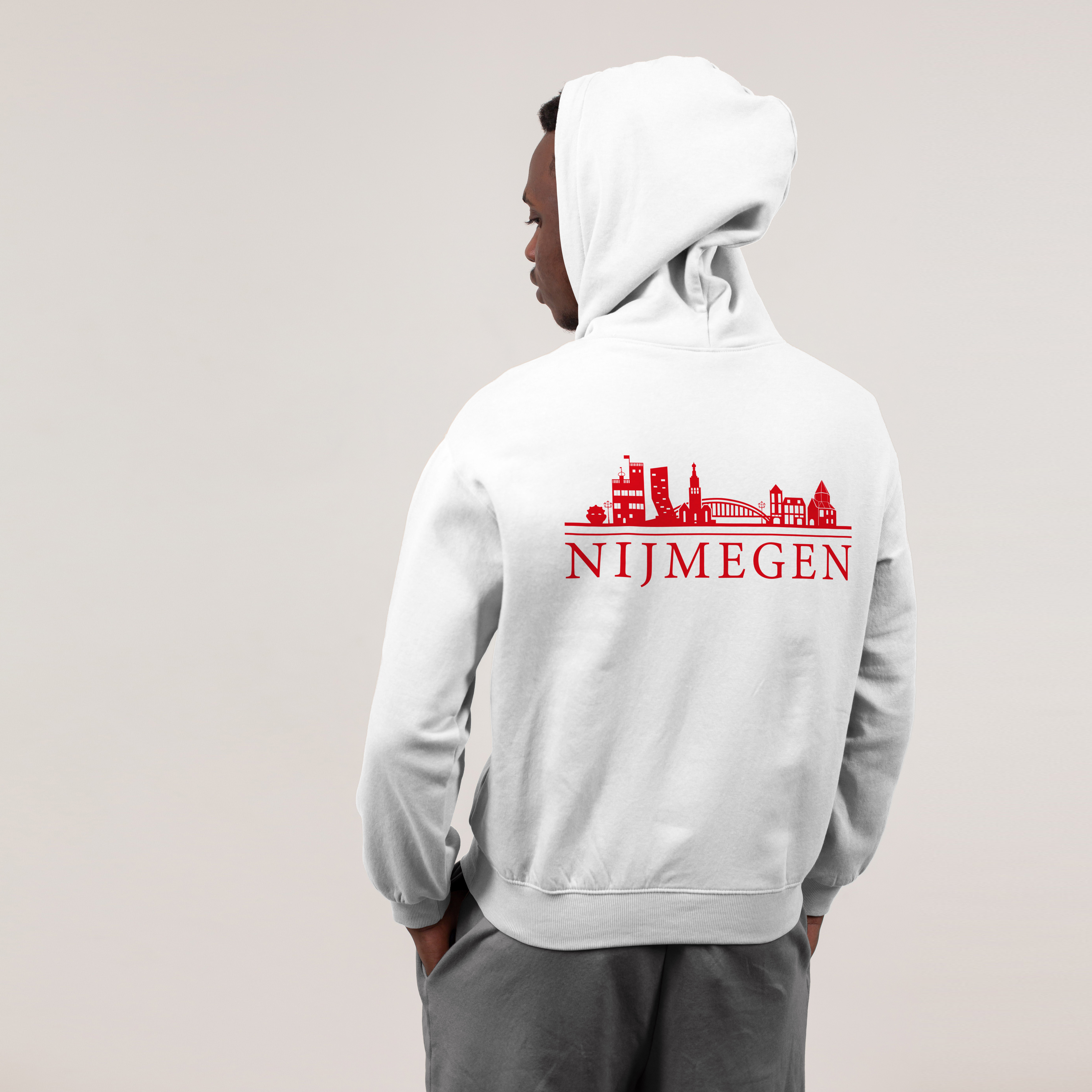 Skyline Nijmegen Hoodie - Nijmegen model hoodie wit skyline rood - Skyline Nijmegen Hoodie 