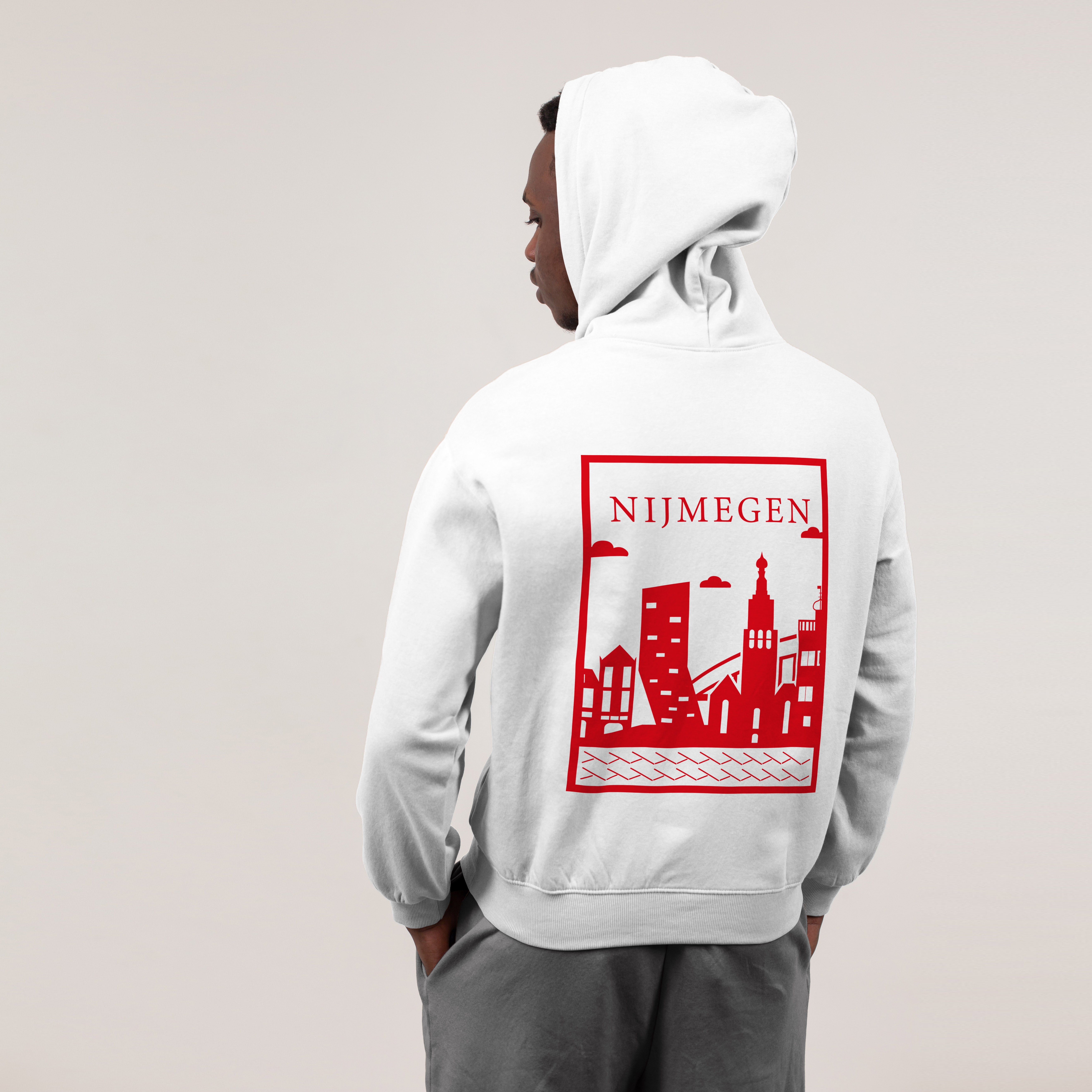 Nijmegen Hoodie - Nijmegen model hoodie wit vlak rood 1 - Nijmegen Hoodie (zwart met rood)