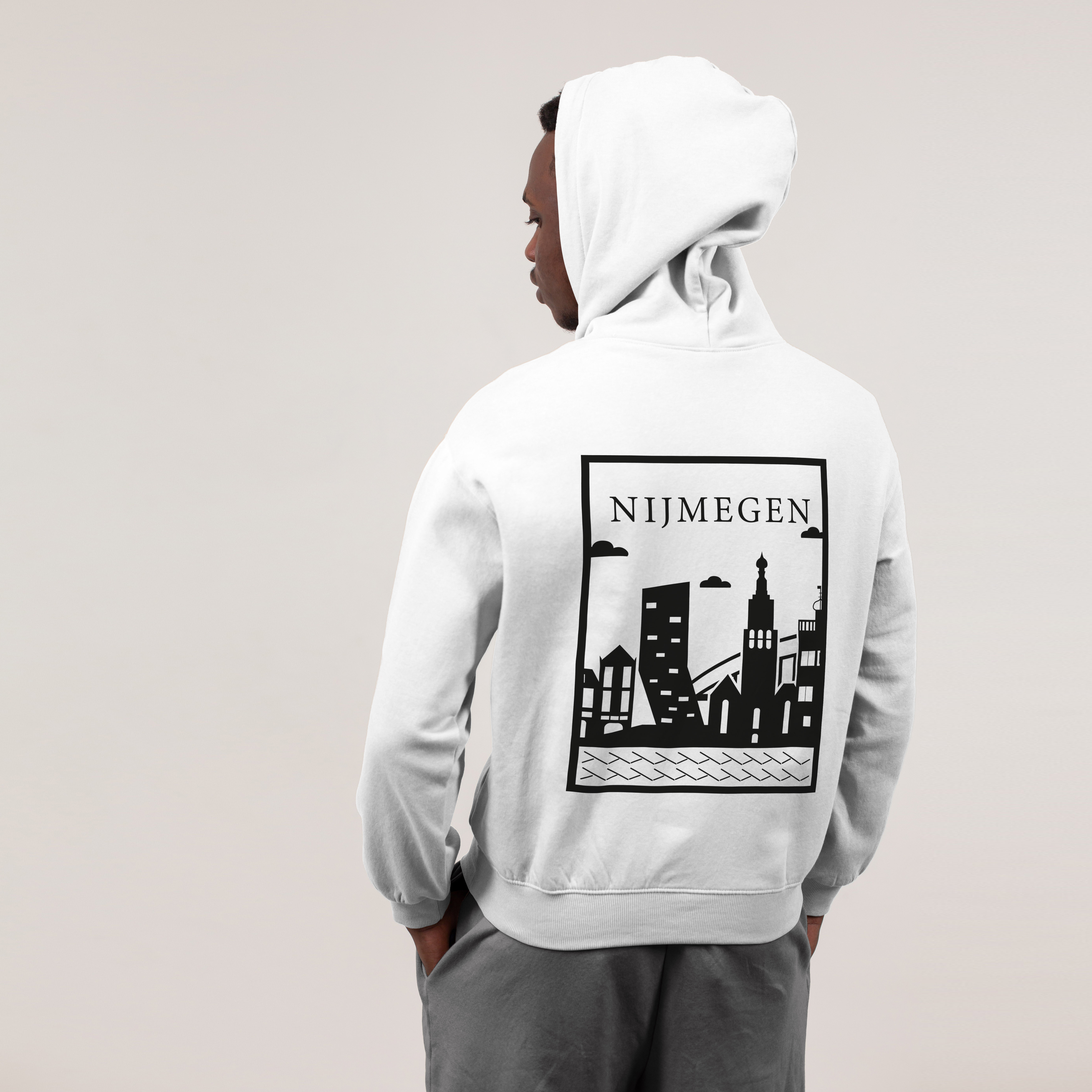 Nijmegen Hoodie - Nijmegen model hoodie wit vlak zwart 2 - Nijmegen Hoodie (beige)