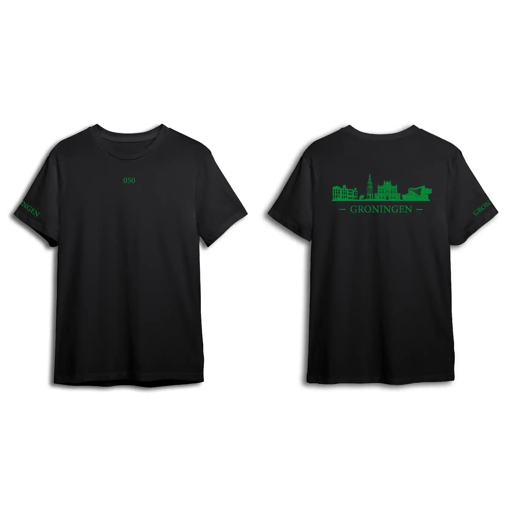 Groningen Skyline T-shirt - Shirt zwart groningen opdruk groen skyline 1 - Skyline Groningen Shirt O13228
