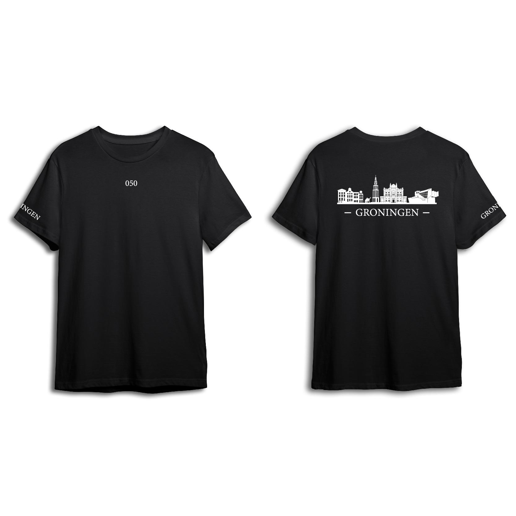 Groningen Skyline T-shirt - Shirt zwart groningen opdruk wit skyline 1 - Skyline Groningen O13777
