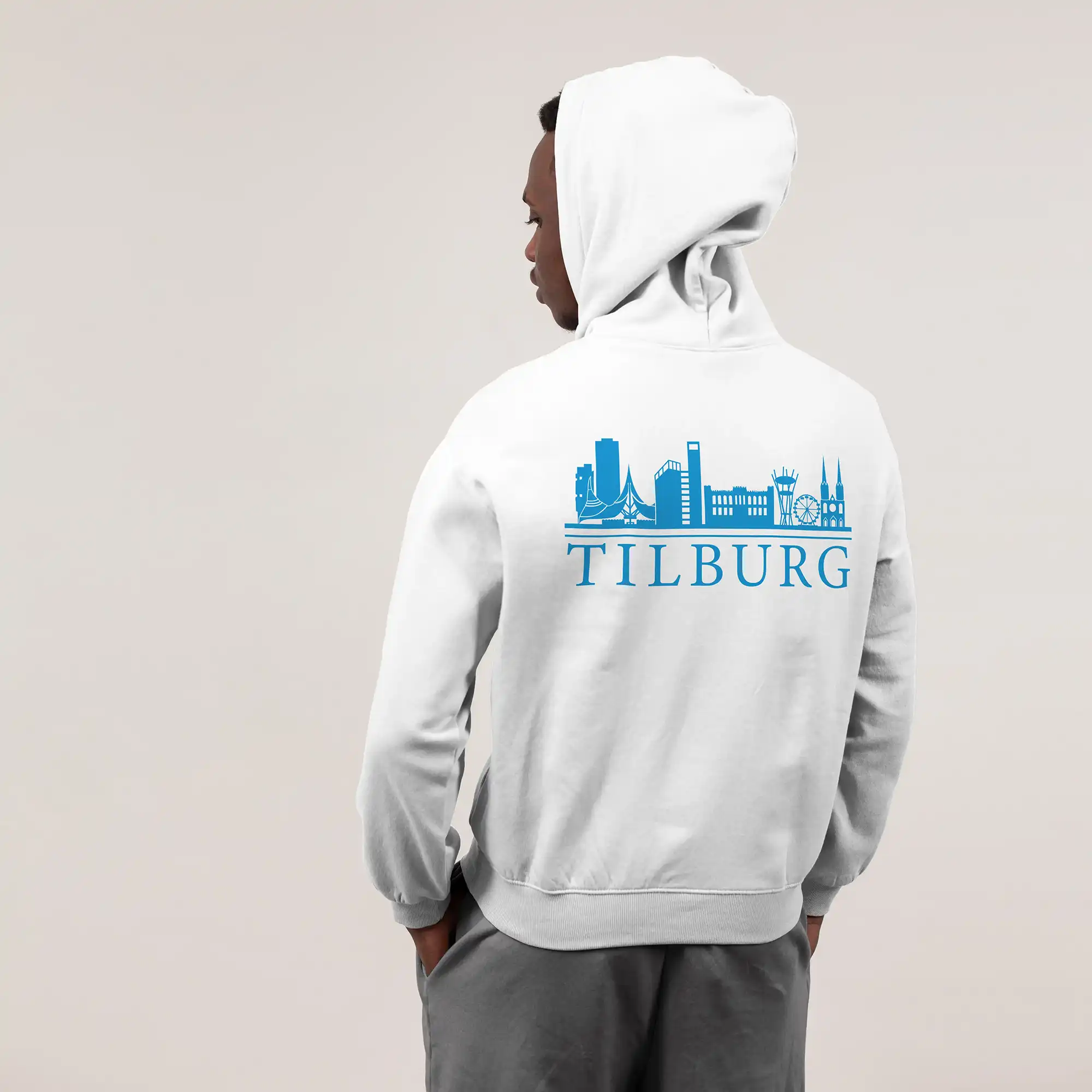 Skyline Tilburg Hoodie - Tilburg model hoodie wit skyline blauw - Skyline Tilburg Hoodie