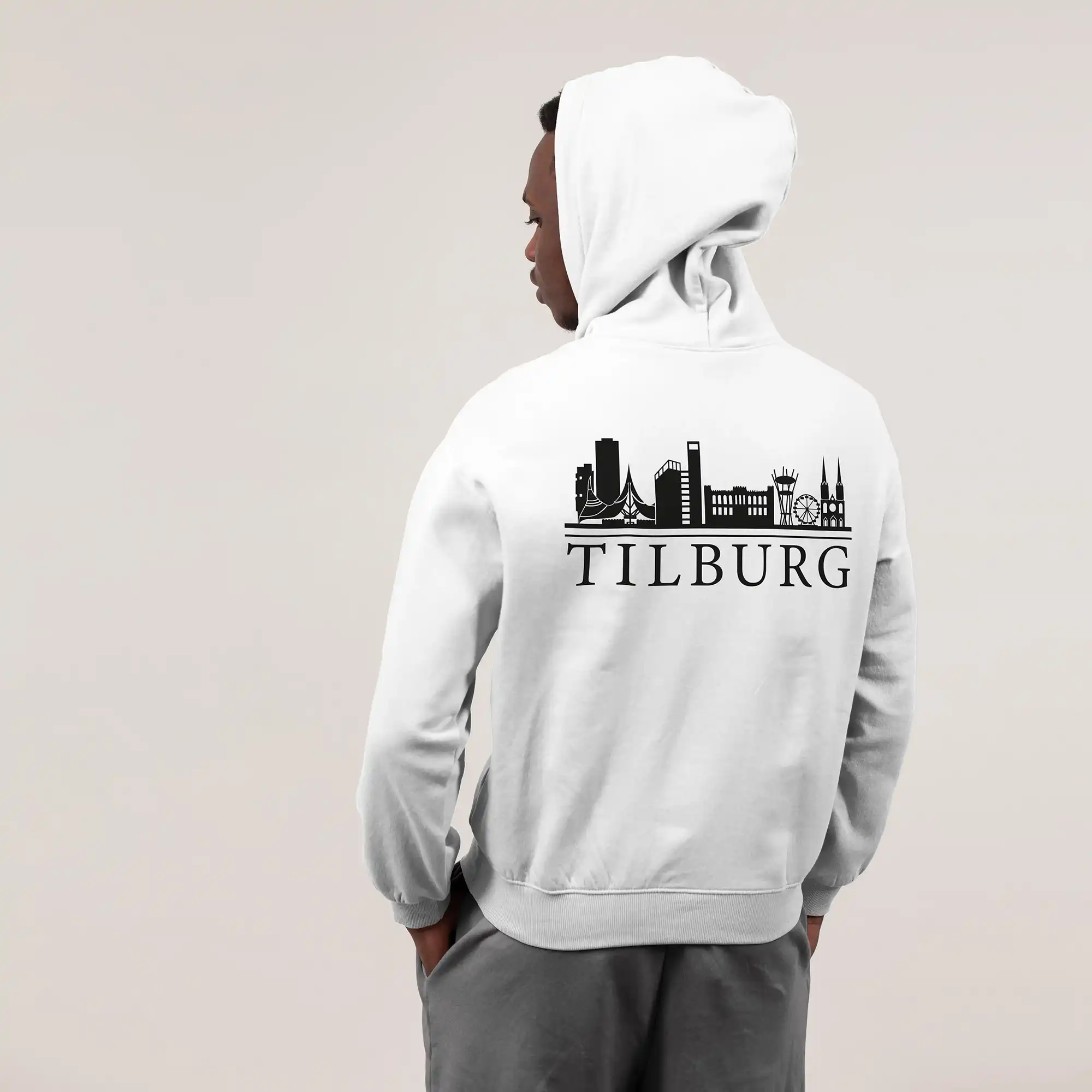 Skyline Tilburg Hoodie - Tilburg model hoodie wit skyline zwart 1 - Skyline Tilburg Hoodie (18787)