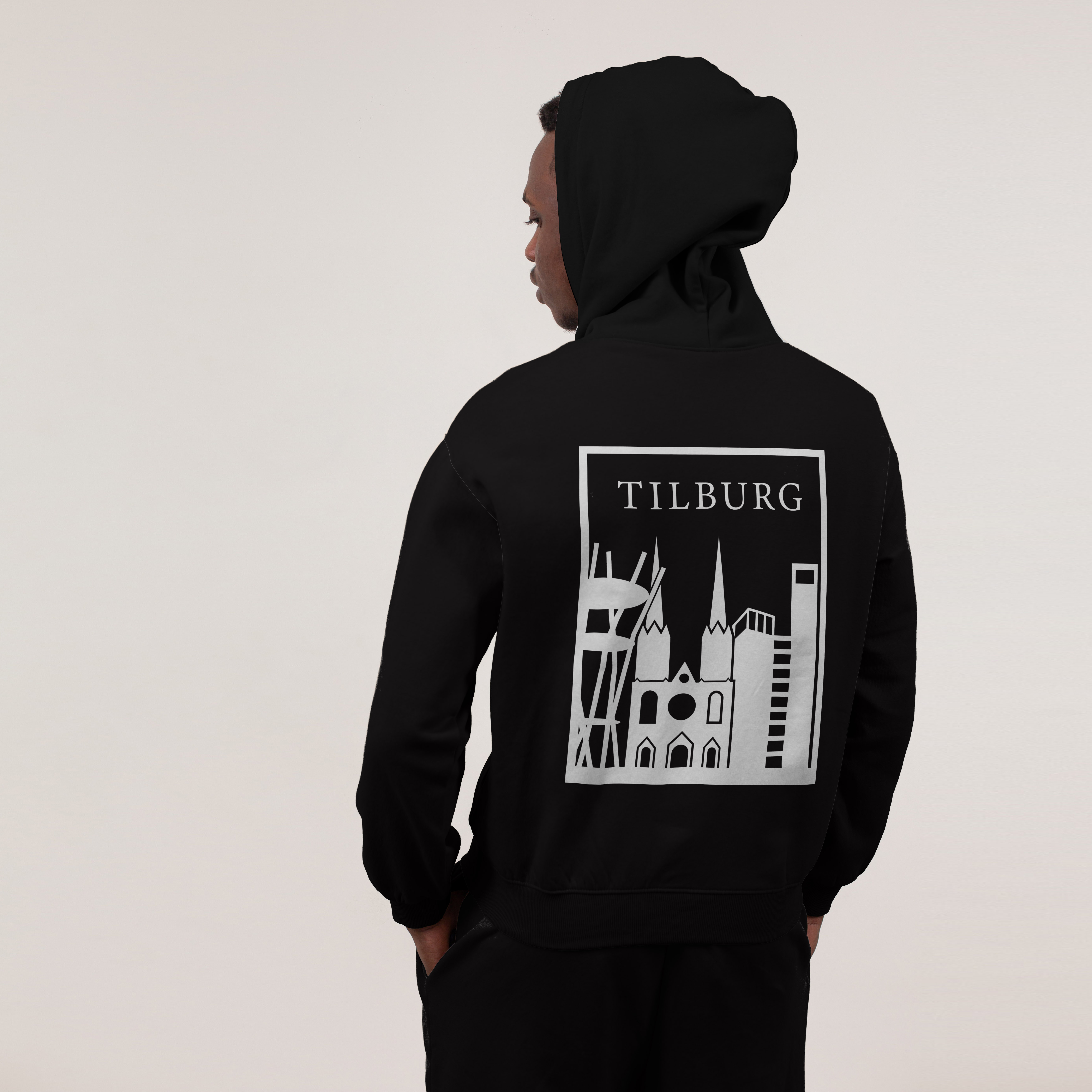 Tilburg Hoodie - Tilburg model hoodie zwart vlak wit 1 - Tilburg Hoodie
